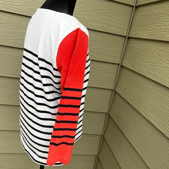 J. CREW women's size M, white, black stripes & coral striped sleeves sweater - Picture 5 of 7